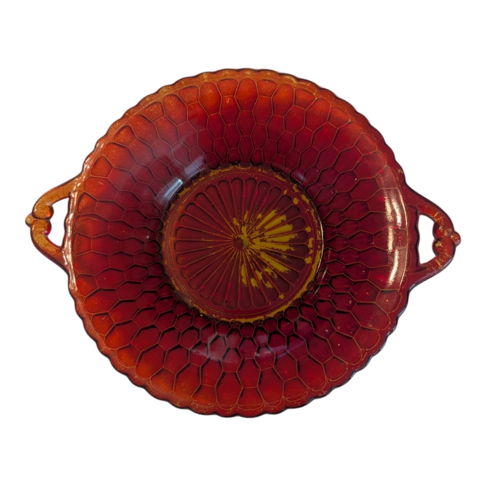 Vintage Indiana Glass Red Ruby Gold W Gold Handles Honeycomb Relish Dish Bowl